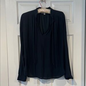LOFT Navy Blue. V-Neck Tie-Neck Blouse